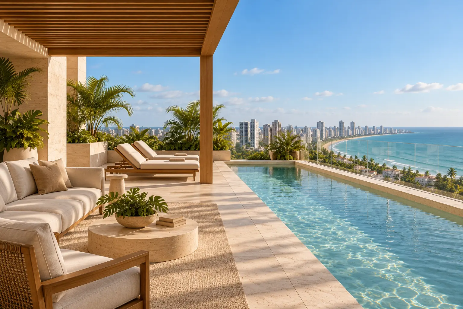 Terraço ilustrativo com piscina, lounge e vista para o horizonte litorâneo